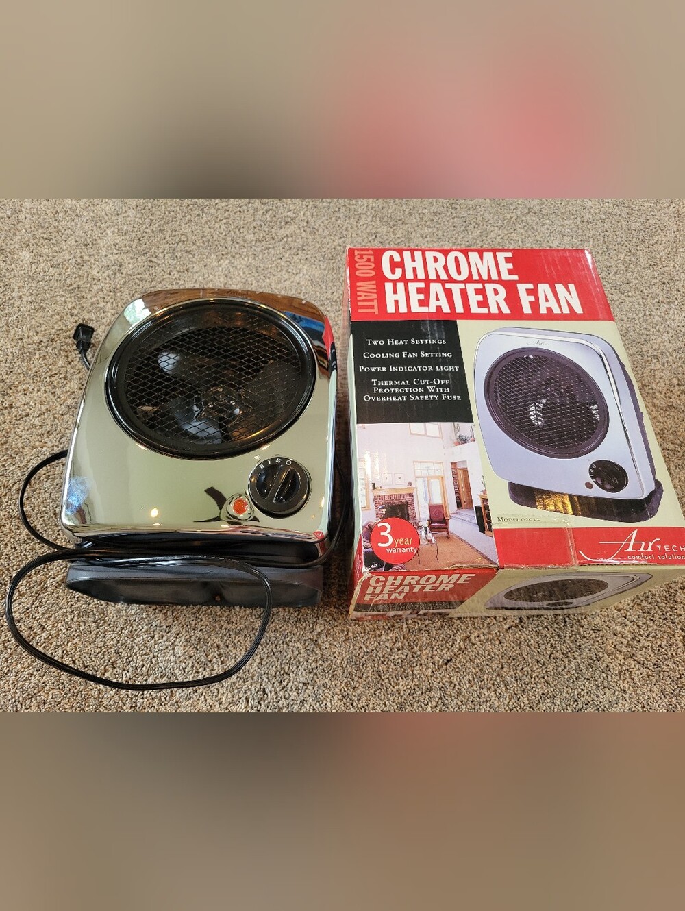Air Tech Chrome Heater Fan 1500 Watt 2 Heat Settings Cooling